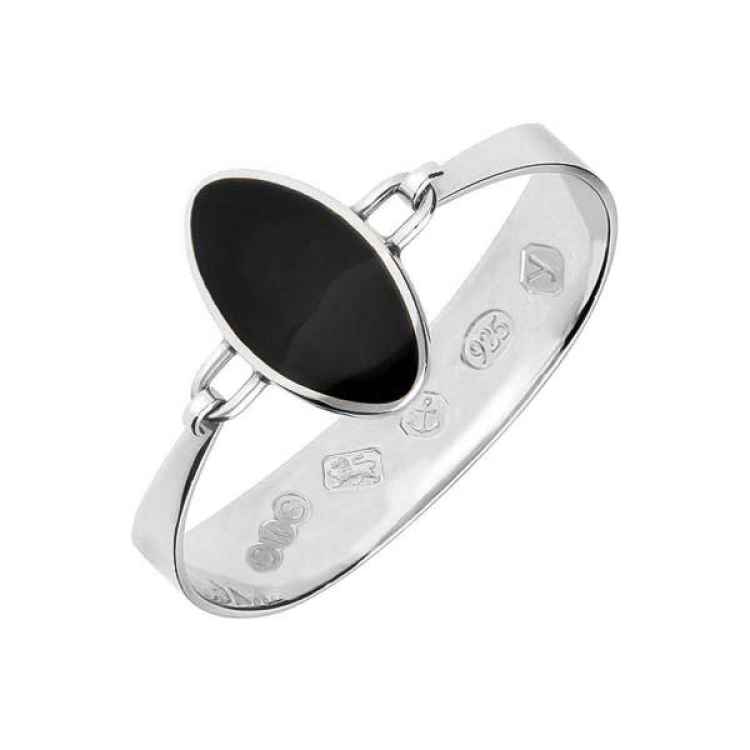 Sterling Silver Whitby Jet Oval Stone Heavy Bangle