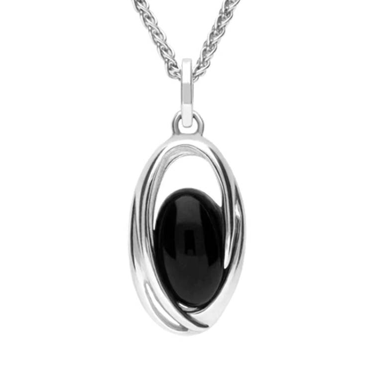 Sterling Silver Whitby Jet Oval Swirl Necklace - Silver
