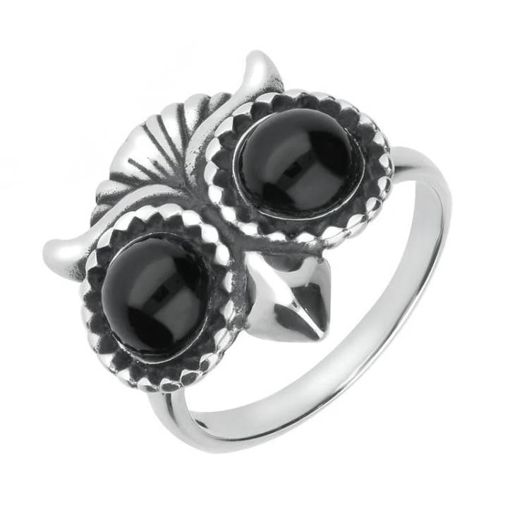 Sterling Silver Whitby Jet Owl Ring