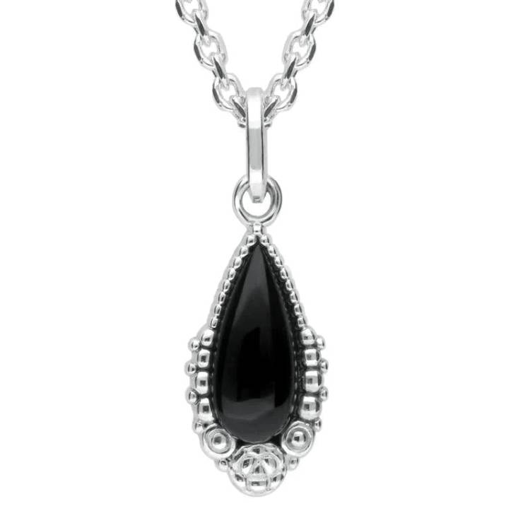 Sterling Silver Whitby Jet Patterned Pear Necklace - Silver