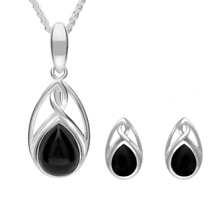 Sterling Silver Whitby Jet Pear Celtic Two Piece Set