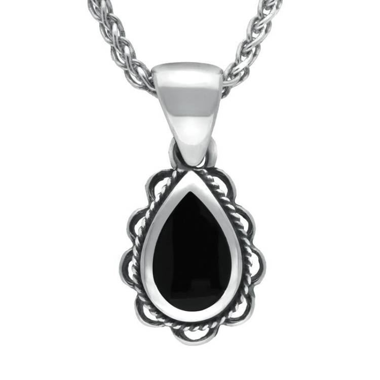 Sterling Silver Whitby Jet Pear Drop Frill Necklace - Option1 Value Silver