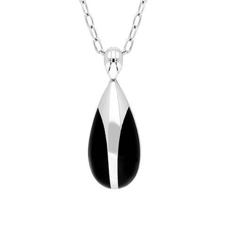 Sterling Silver Whitby Jet Pear Drop Necklace - Option1 Value Silver