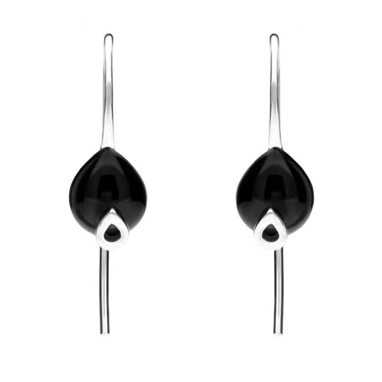 Sterling Silver Whitby Jet Pear Hook Earrings - Silver
