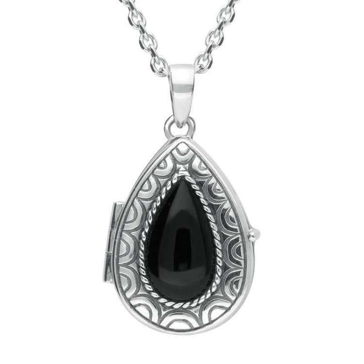 Sterling Silver Whitby Jet Pear Patterned Locket Necklace - Silver