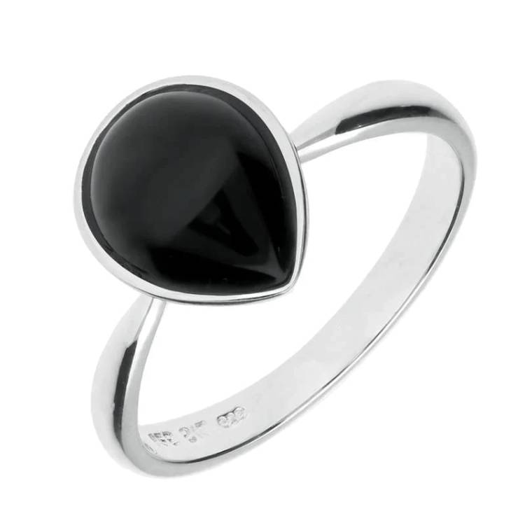 Sterling Silver Whitby Jet Pear Ring - Silver