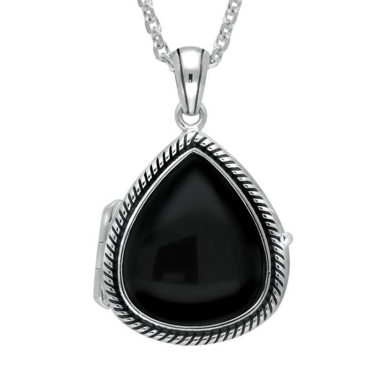 Sterling Silver Whitby Jet Pear Rope Edge Locket - Silver
