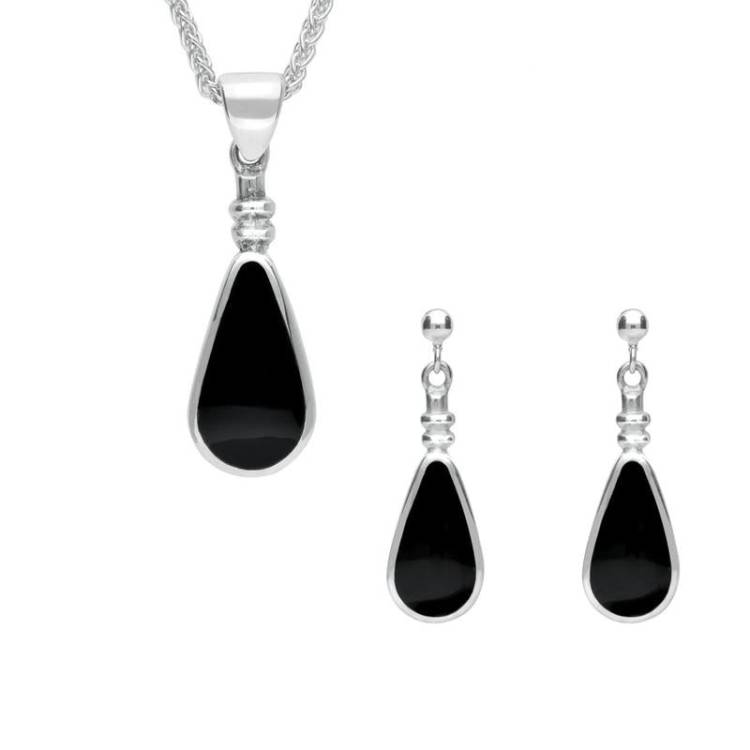 Sterling Silver Whitby Jet Pear Shaped Bottle Top Two Piece Set