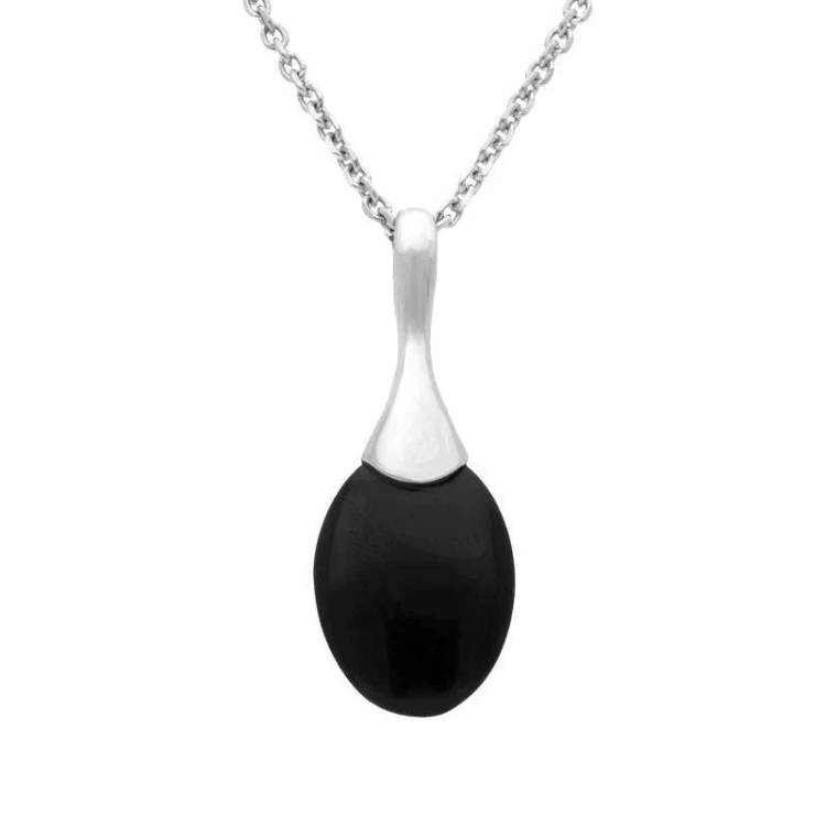 Sterling Silver Whitby Jet Pear Shaped Capped Necklace - Silver