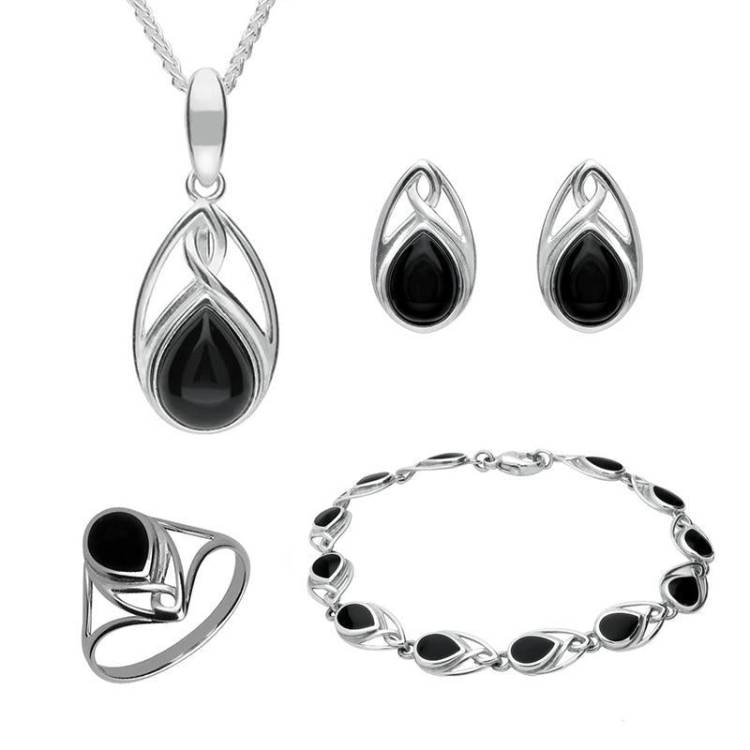 Sterling Silver Whitby Jet Pear Shaped Celtic Four Piece Set