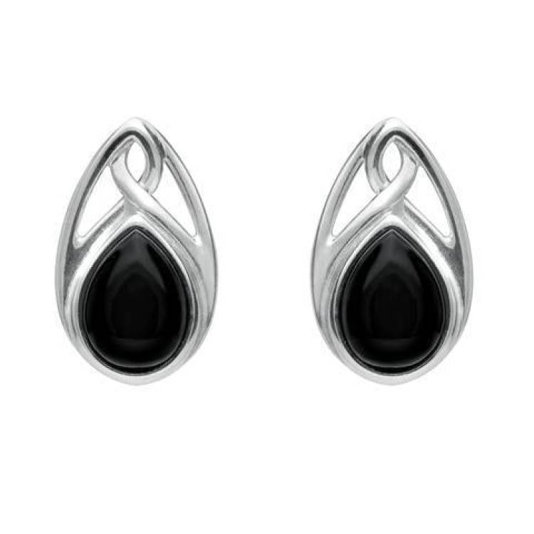 Sterling Silver Whitby Jet Pear Shaped Celtic Stud Earrings - Silver