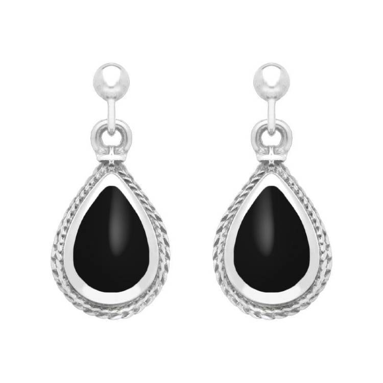 Sterling Silver Whitby Jet Pear Shaped Drop Earrings - Silver