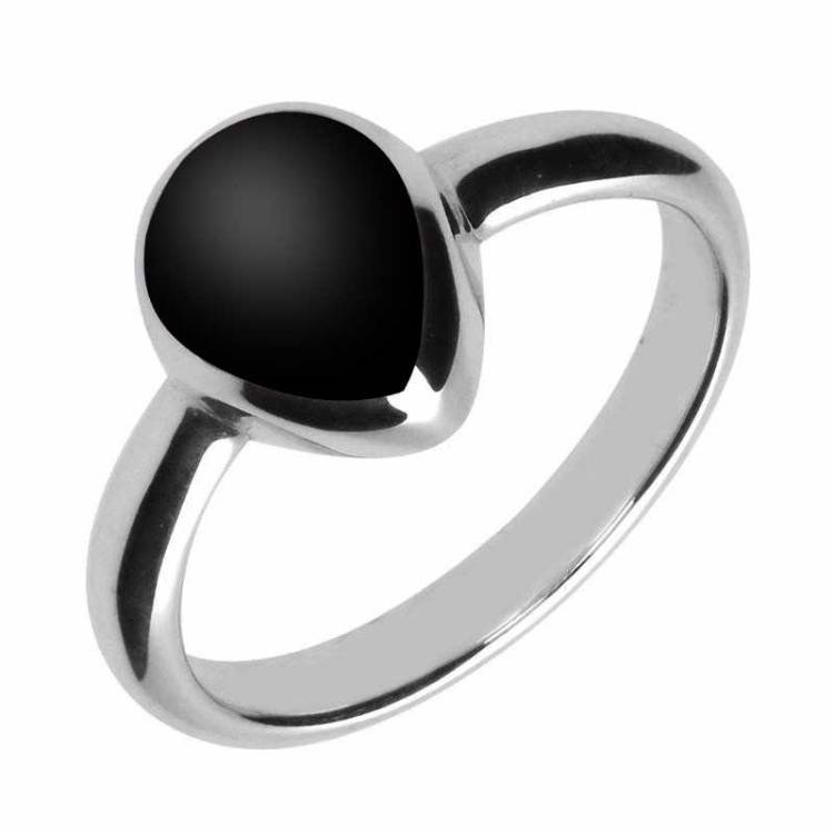 Sterling Silver Whitby Jet Pear Shaped Ring - Silver