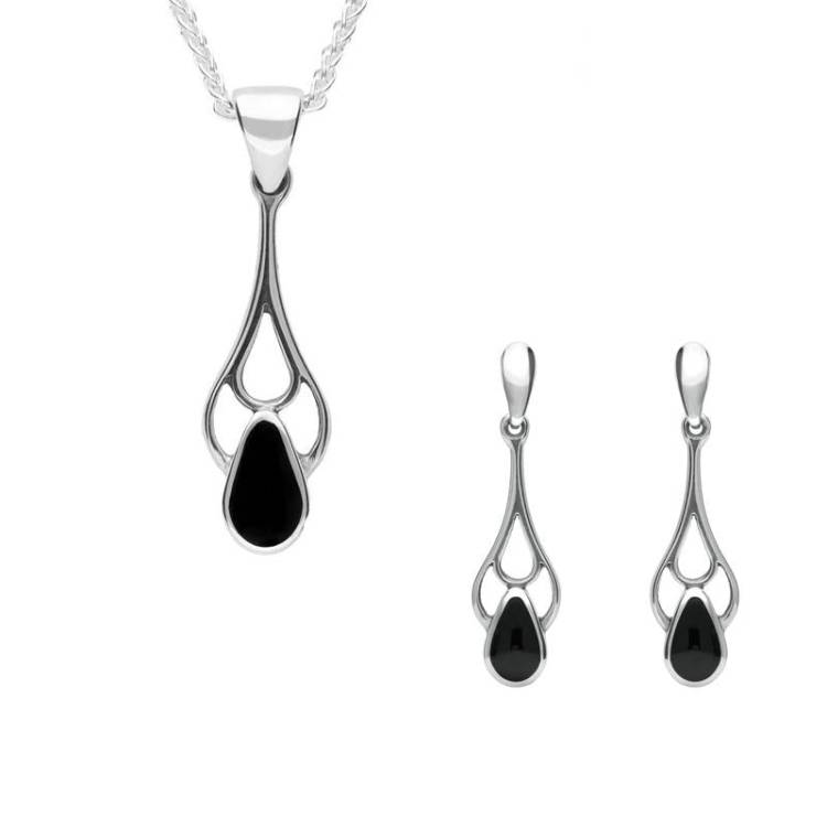 Sterling Silver Whitby Jet Pear Shaped Spoon Necklace and Earring Set