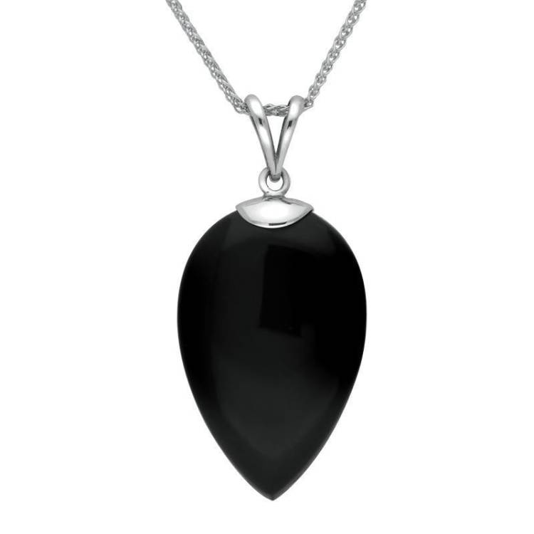 Sterling Silver Whitby Jet Pear Stone Capped Necklace - Option1 Value Silver