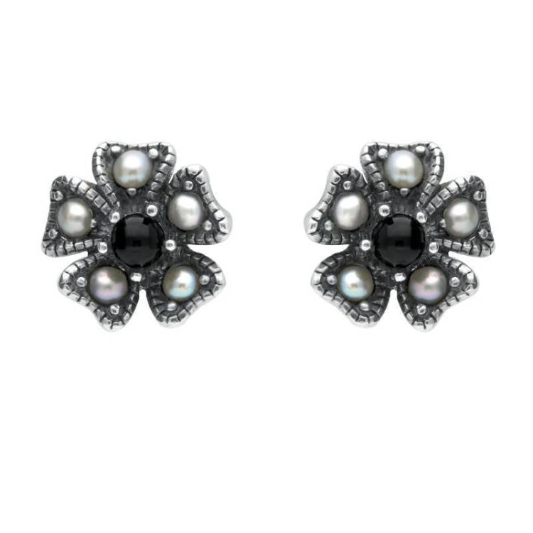 Sterling Silver Whitby Jet & Pearl 5 Petal Stud Earrings - Silver