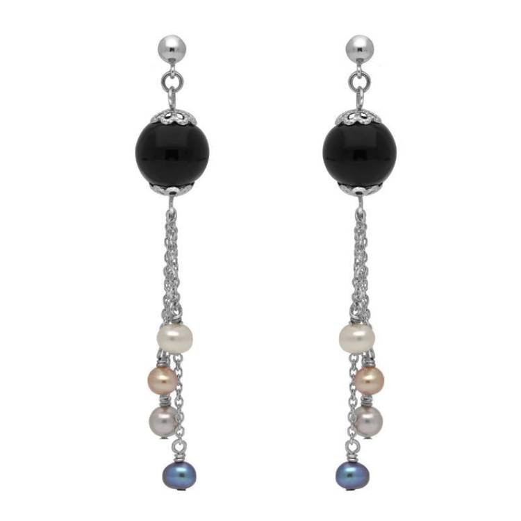 Sterling Silver Whitby Jet Pearl Beaded Tassel Drop Earrings - Silver