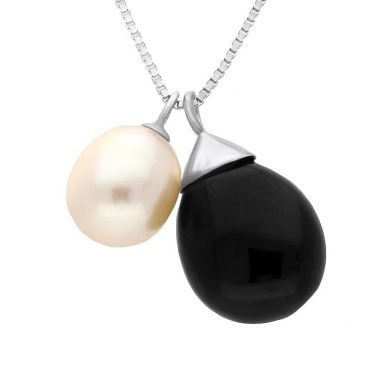 Sterling Silver Whitby Jet Pearl Double Drop Necklace D - Silver