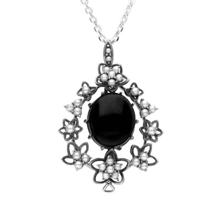 Sterling Silver Whitby Jet & Pearl Edge Flower Necklace - Silver