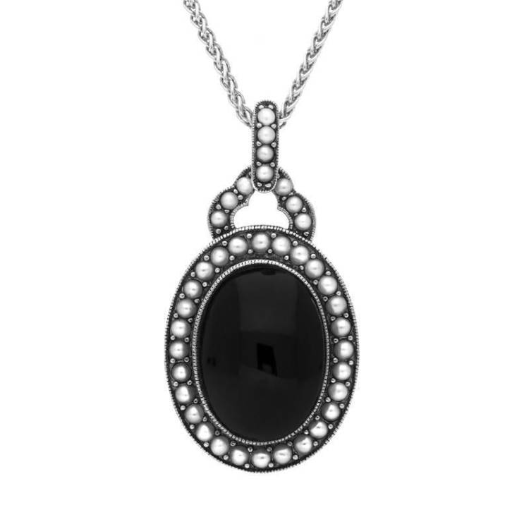 Sterling Silver Whitby Jet Pearl Edged Oval Necklace - Silver