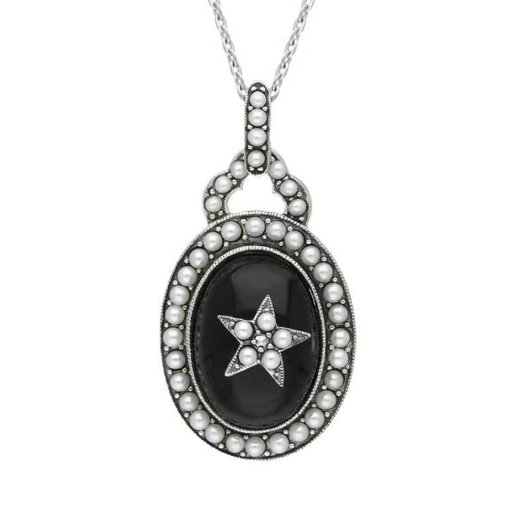 Sterling Silver Whitby Jet Pearl Framed Large Oval Flower Necklace - Silver