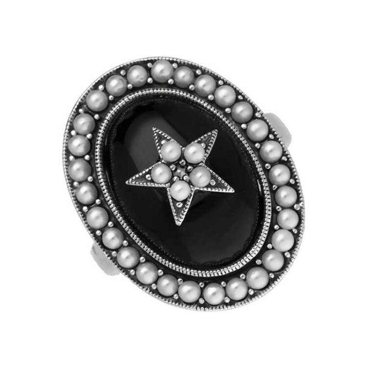Sterling Silver Whitby Jet Pearl Framed Large Oval Flower Ring - Silver