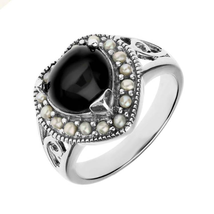 Sterling Silver Whitby Jet Pearl Heart Shaped Ring - Option1 Value Silver