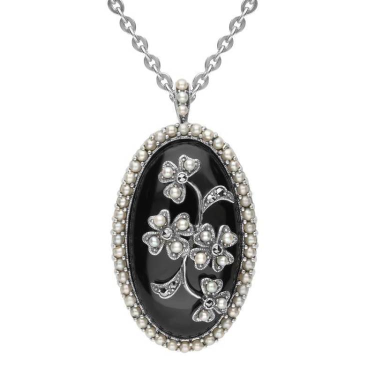Sterling Silver Whitby Jet Pearl Large Oval Flower Brooch Necklace