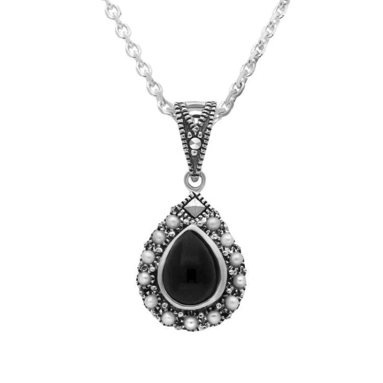 Sterling Silver Whitby Jet Pearl Marcasite Edge Pear Necklace - Silver