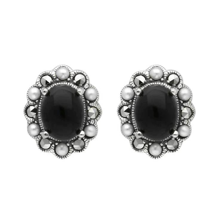 Sterling Silver Whitby Jet Pearl Marcasite Oval Beaded Edge Stud Earrings - Silver