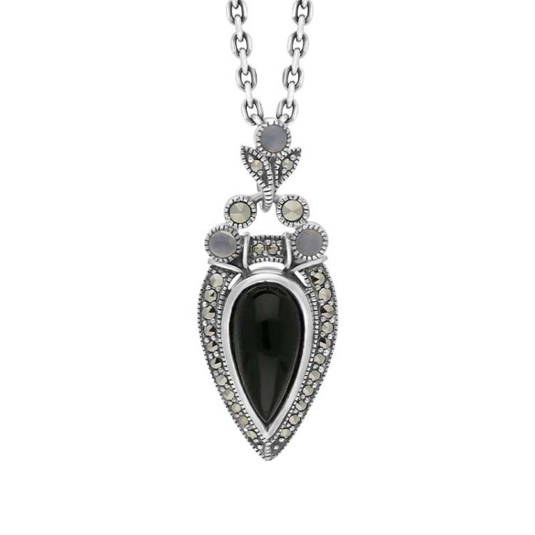 Sterling Silver Whitby Jet Marcasite Moonstone Upside Down Pear Necklace - Silver