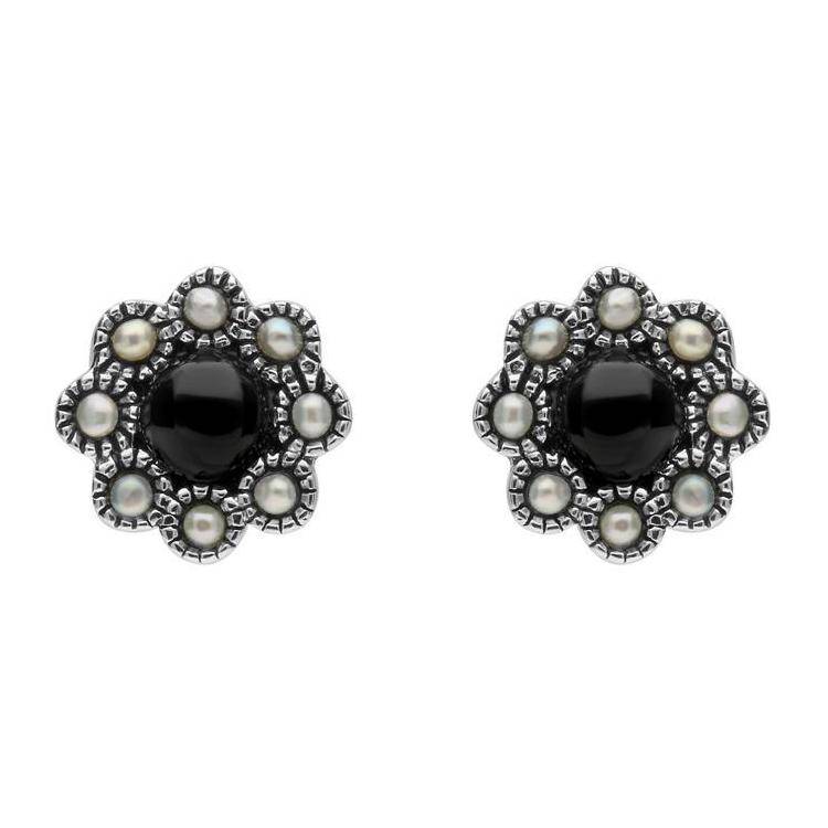 Sterling Silver Whitby Jet Pearl Round Edge Bead Stud Earrings - Silver
