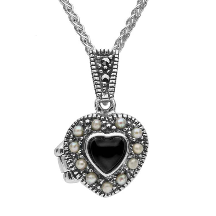 Sterling Silver Whitby Jet Pearl Small Bead Edge Heart Locket - Silver