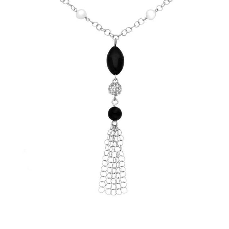 Sterling Silver Whitby Jet & Pearl Tassel Necklace D - Silver