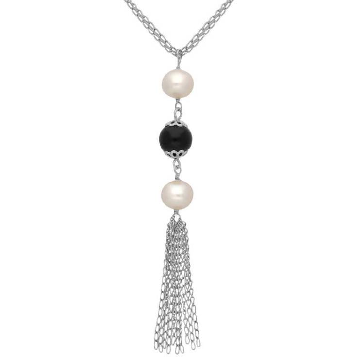 Sterling Silver Whitby Jet Pearl Triple Bead Tassel Necklace D - Silver