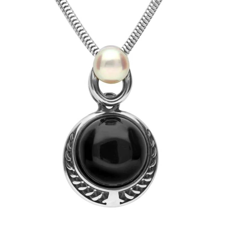 Sterling Silver Whitby Jet Pearl Two Stone Rope Edge Necklace - Silver