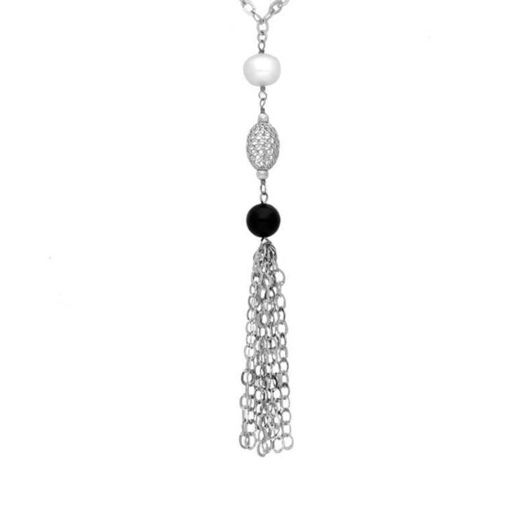 Sterling Silver Whitby Jet Pearl Two Stone Tassel Necklace D - Silver