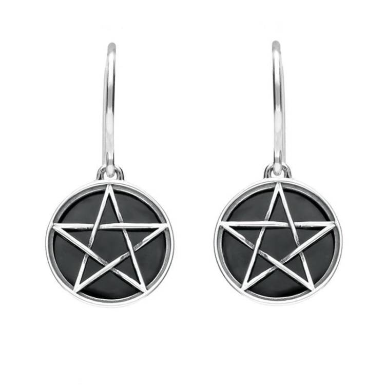 Sterling Silver Whitby Jet Pentagram Drop Earrings - Silver