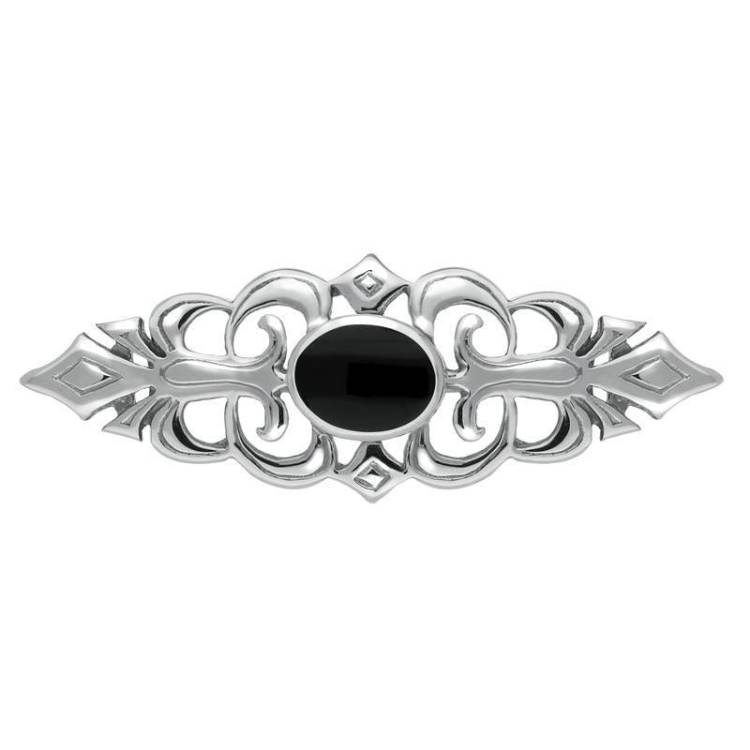 Sterling Silver Whitby Jet Pierced Bar Brooch - Silver