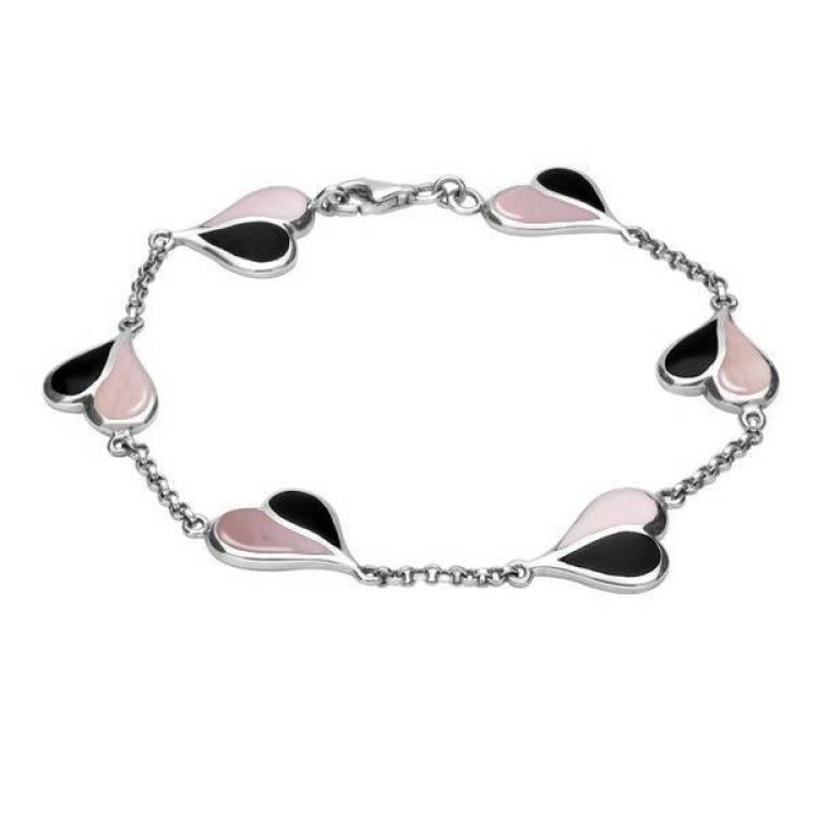 Sterling Silver Whitby Jet Pink Mother of Pearl Split Heart Bracelet - Silver