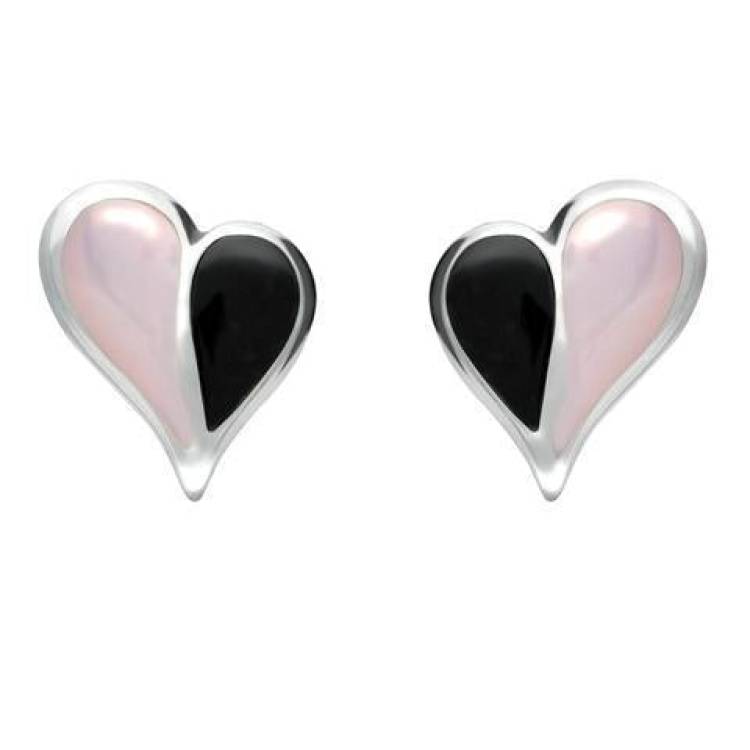 Sterling Silver Whitby Jet Pink Mother of Pearl Split Heart Stud Earrings - Silver