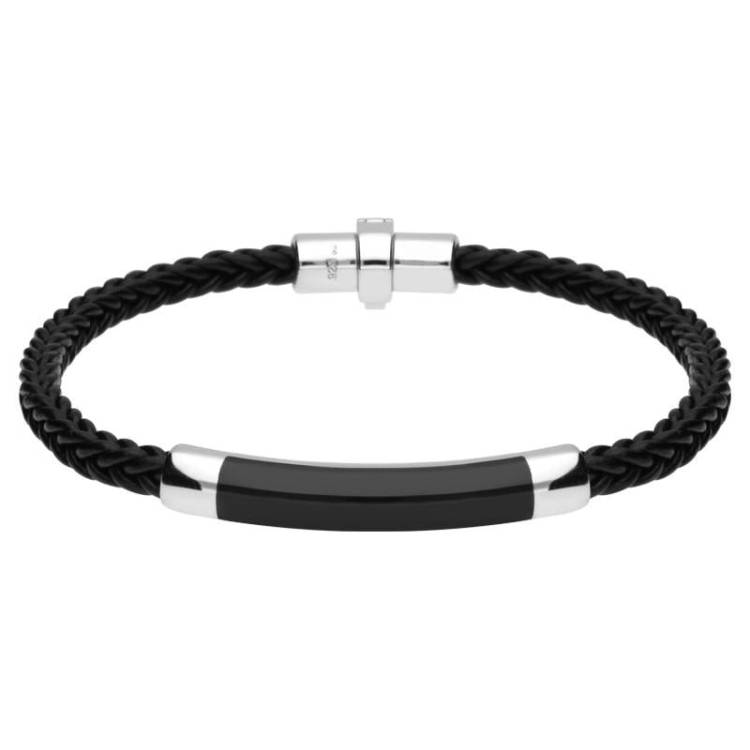 Sterling Silver Whitby Jet Plaited Leather Bar Bracelet - 7.5 inches