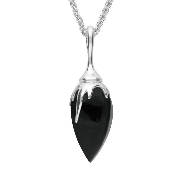 Sterling Silver Whitby Jet Plant Bud Necklace - Silver