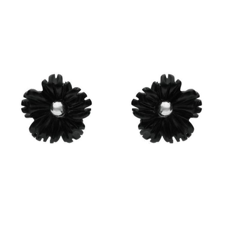Sterling Silver Whitby Jet Tuberose 8mm Flower Stud Earrings - Silver