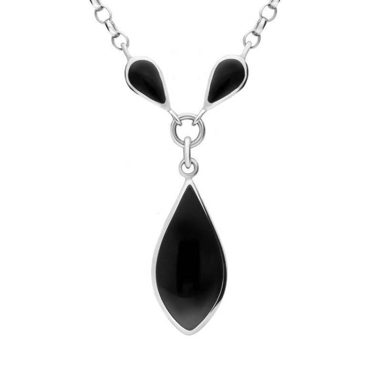 Sterling Silver Whitby Jet Three Stone Pear Necklace - Silver