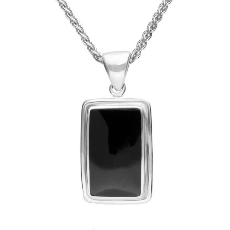 Sterling Silver Whitby Jet Ribbed Edged Oblong Necklace - Silver
