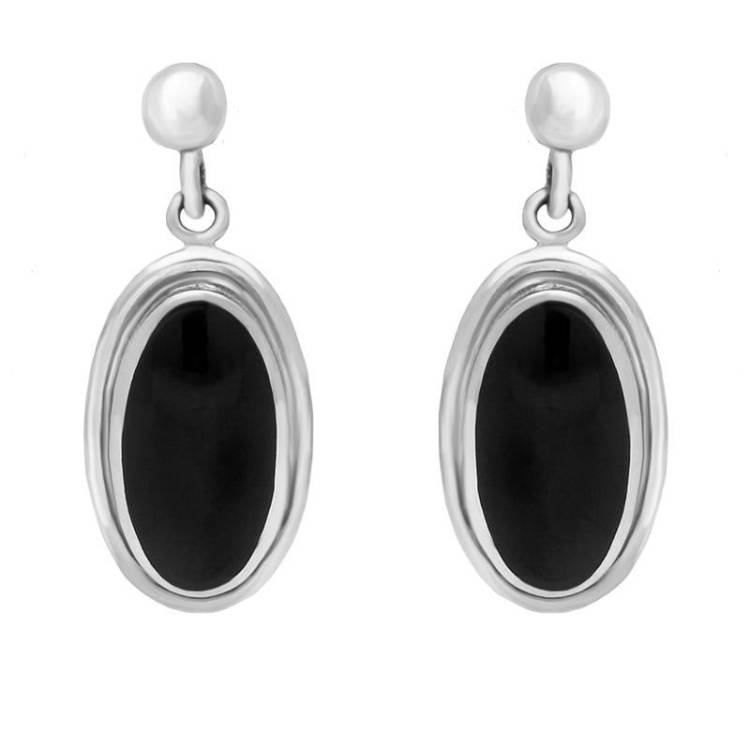 Sterling Silver Whitby Jet Ribbed Oval Drop Earrings - Silver