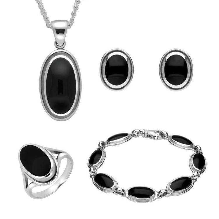 Sterling Silver Whitby Jet Ribbed Oval Four Piece Set - Silver