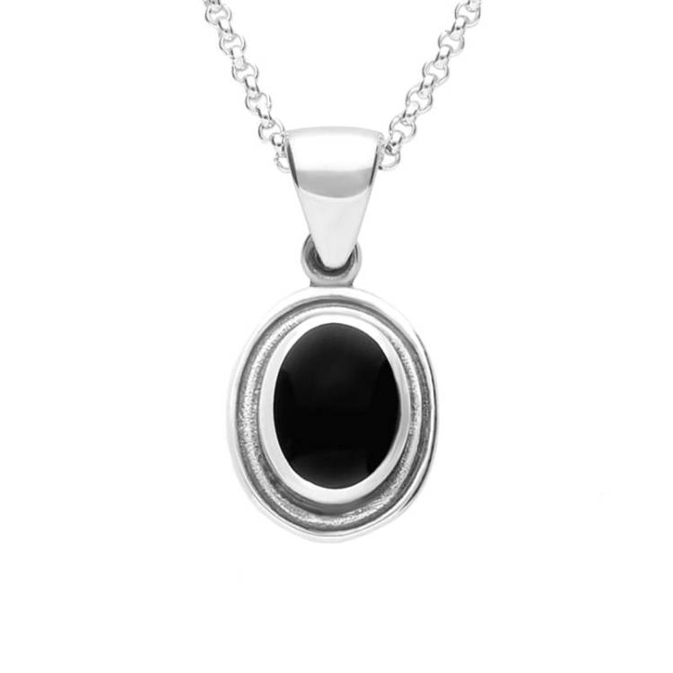 Sterling Silver Whitby Jet Ribbed Small Oval Necklace - Silver