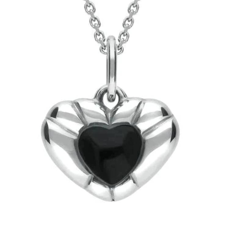 Sterling Silver Whitby Jet Ridged Heart Necklace - Silver